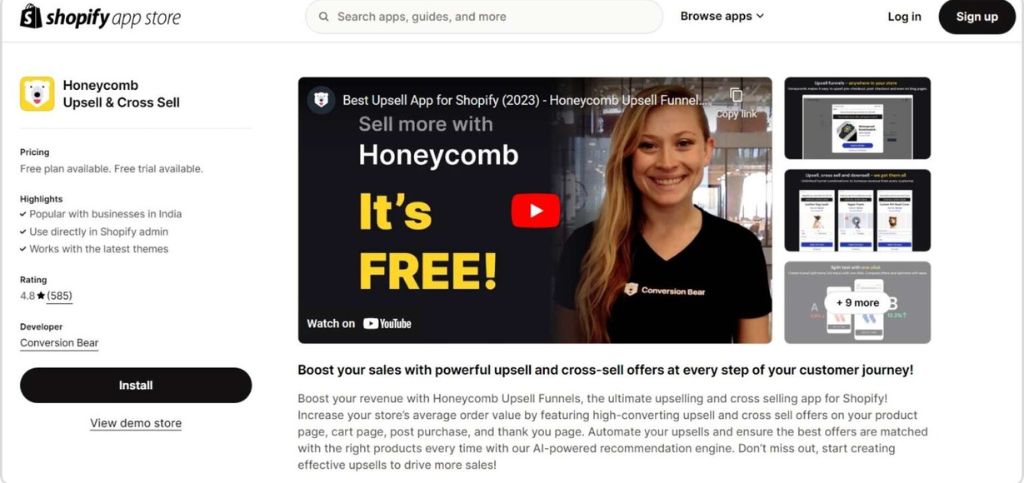 Free Shopify Upsell Apps- Honeycomb Upsell & Crossell